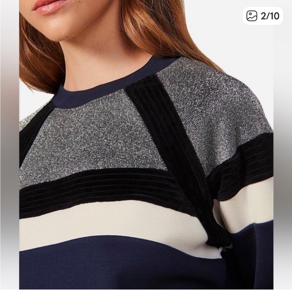 Sandro Paris Igal Metallic Silver Velvet Black & Navy Sweatshirt Size 1/Small - Picture 2 of 11